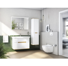 Modernes Badezimmer mit Waschtisch, Spiegelschrank, Hochschrank und wandhängendem WC