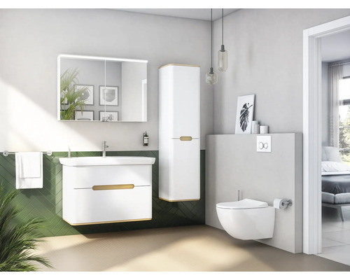Modernes Badezimmer mit Waschtisch, Spiegelschrank, Hochschrank und wandhängendem WC