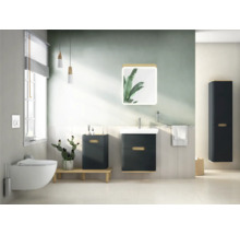 Salle de bain lumineuse avec toilettes, meuble-lavabo, armoire de toilette et armoire haute