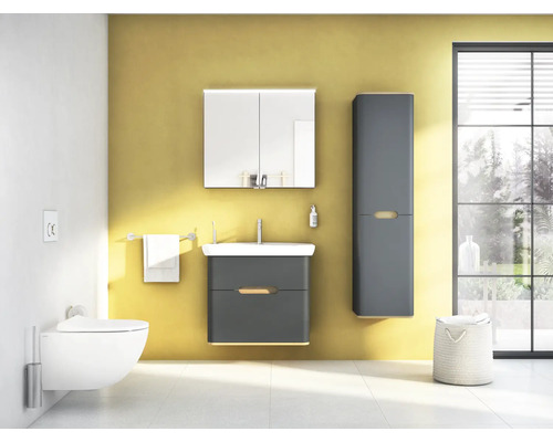 Badezimmer mit Waschbeckenunterschrank, Spiegelschrank, Hochschrank, Toilette und Wäschekorb