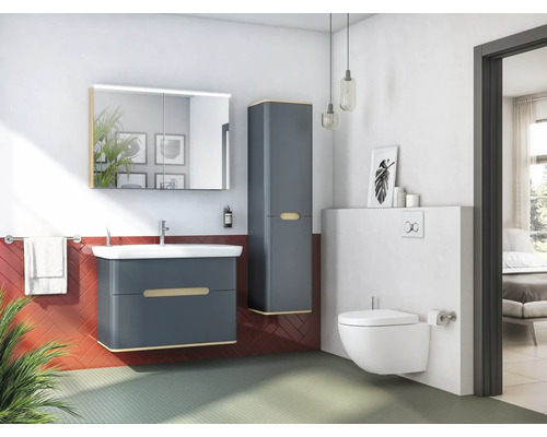 Modernes Badezimmer mit Waschbeckenunterschrank, Spiegelschrank, Hochschrank und Wand-WC