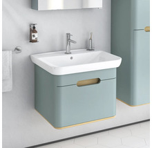 Meuble-lavabo avec armoire basse, robinet, porte-serviettes, distributeur de savon et gobelet à brosses à dents dans la salle de bain