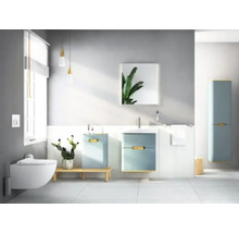 Salle de bains moderne avec toilettes, lavabo, miroir, armoire et décoration