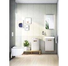 Helles Badezimmer mit Toilette, Waschbecken, Spiegel und Dekorationen