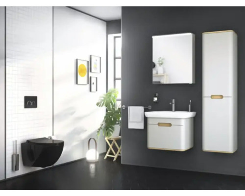 Modernes Badezimmer mit Toilette, Waschtisch, Spiegelschrank und Hochschrank