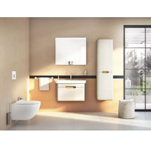Salle de bain moderne avec toilettes, lavabo, miroir et armoire