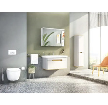 Helles Badezimmer mit Toilette, Waschbeckenunterschrank, Spiegelschrank und Hochschrank