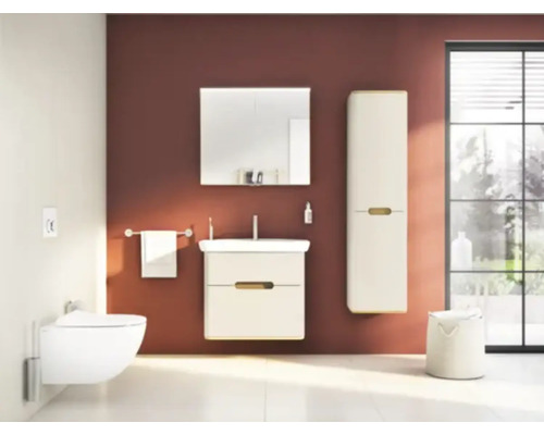 Modernes Badezimmer mit Toilette, Waschtisch, Spiegelschrank und Hochschrank.