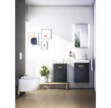 Helles Badezimmer mit Wandtoilette, Waschtischunterschrank und Spiegel