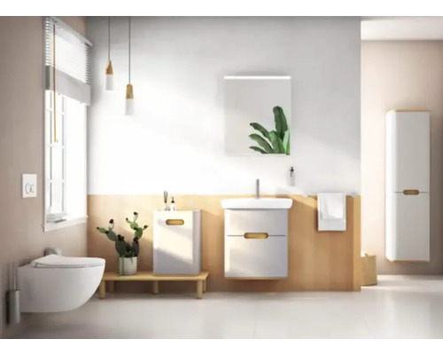 Salle de bains lumineuse avec WC, meuble sous-lavabo, armoire de toilette et armoire haute