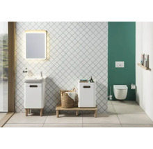 Badezimmer mit Waschtisch, Spiegel, Toilette und Accessoires
