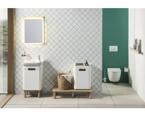 Salle de bain avec lavabo, miroir, toilettes et accessoires