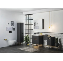 Helles Badezimmer mit Waschbeckenunterschrank, Spiegelschrank, Hochschrank, Toilette und Dekoration