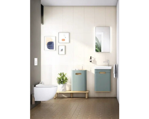 Salle de bain moderne avec WC suspendu, lavabo, miroir et éléments décoratifs pour une atmosphère lumineuse et conviviale.