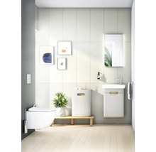 Helles Badezimmer mit Toilette, Waschbeckenunterschrank, Wäschesammler und Dekoration