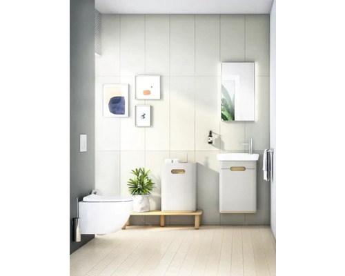 Salle de bain lumineuse avec toilettes, meuble sous-lavabo, panier à linge et décoration