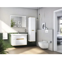 Modernes Badezimmer mit Waschtisch, Spiegelschrank, Hochschrank und wandhängendem WC.