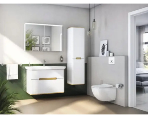 Modernes Badezimmer mit Waschtisch, Spiegelschrank, Hochschrank und wandhängendem WC.
