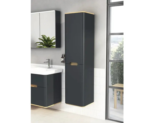 Badezimmeransicht mit Waschbeckenunterschrank, Spiegelschrank und Hochschrank