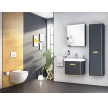 Modernes Badezimmer mit Toilette, Waschtisch, Spiegelschrank und Hochschrank