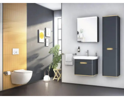Modernes Badezimmer mit Toilette, Waschtisch, Spiegelschrank und Hochschrank