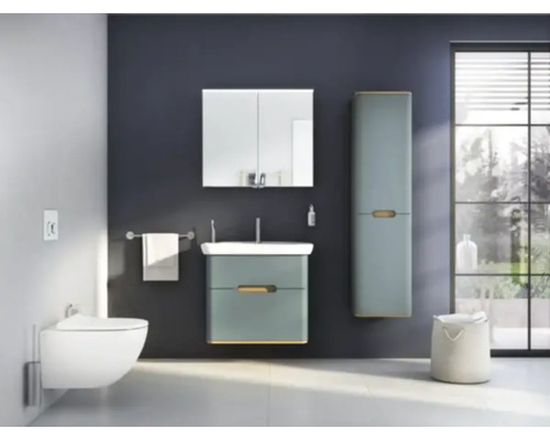 Badezimmer mit Waschtischunterschrank, Spiegelschrank, Hängeschrank und wandhängendem WC in hellem Design
