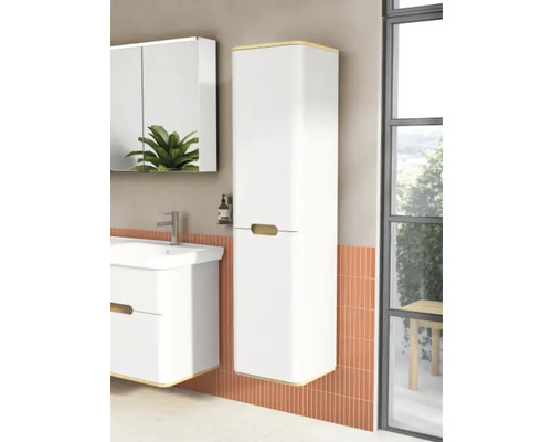 Salle de bain avec meuble sous-lavabo, armoire de toilette et armoire haute