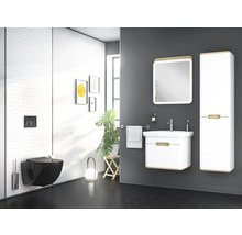 Modernes Badezimmer mit schwarzem Hänge-WC, Waschtisch, Spiegelschrank und Hochschrank