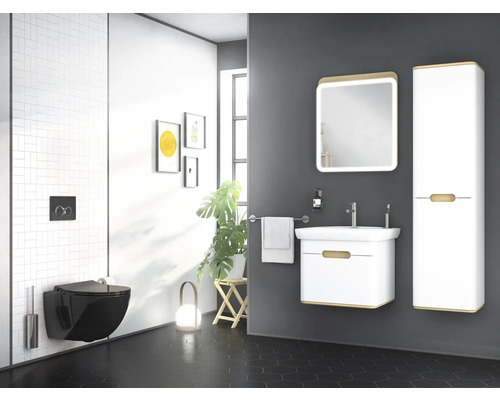 Salle de bain moderne avec WC suspendu noir, lavabo, armoire de toilette et armoire haute