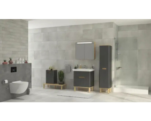 Salle de bain moderne avec meuble sous-lavabo, armoire de toilette et cabine de douche