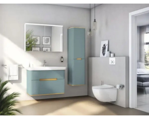 Salle de bains moderne avec meuble sous-lavabo, armoire de toilette, armoire haute et WC suspendu.