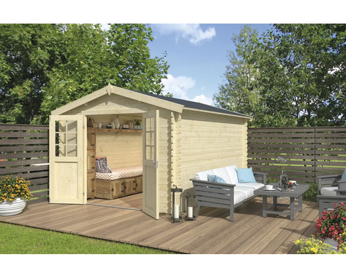 Abri de jardin Outdoor Life Norah 307,2 x 400 cm nature Abri de jardin avec portes doubles ouvertes, terrasse en bois et mobilier de jardin