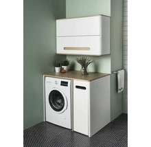 Waschküche mit Waschmaschine, Arbeitsplatte und Wandschrank für Waschküchenutensilien
