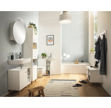 Salle de bains lumineuse avec lavabo, armoire de toilette, commode, étagère, toilettes et baignoire.