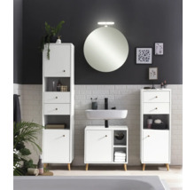 Salle de bains avec armoire haute, meuble bas, lavabo et miroir rond