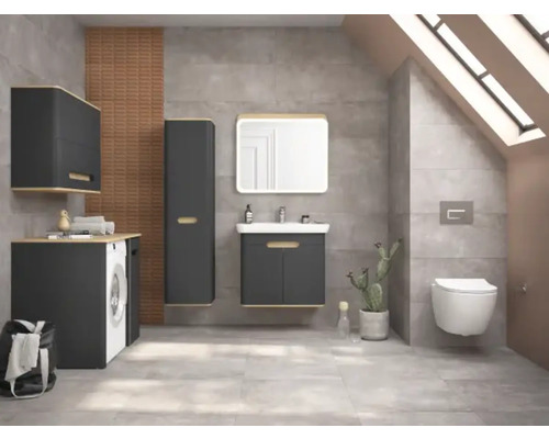 Salle de bains moderne avec meuble sous-lavabo, armoire de toilette, armoire haute, machine à laver et WC suspendu dans une pièce avec fenêtres de toit