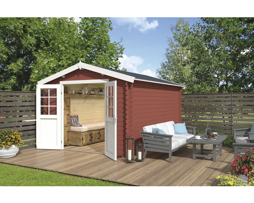 Abri de jardin Outdoor Life Norah 307,2 x 400 cm rouge de falun Abri de jardin en bois avec portes doubles ouvertes, terrasse en bois et salon de jardin