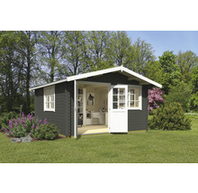 Abri de jardin en bois avec fenêtre et porte ouverte