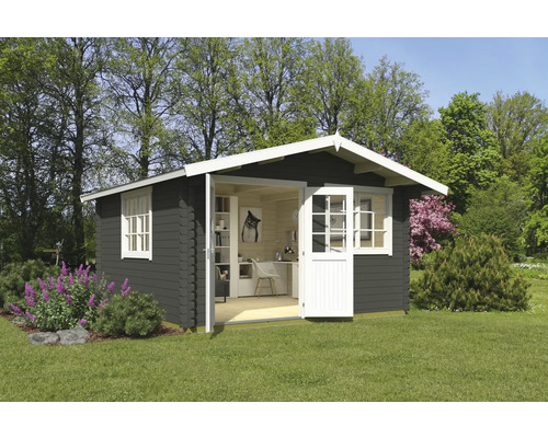 Abri de jardin en bois avec fenêtre et porte ouverte
