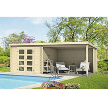 Abri de jardin avec terrasse et piscine dans le jardin