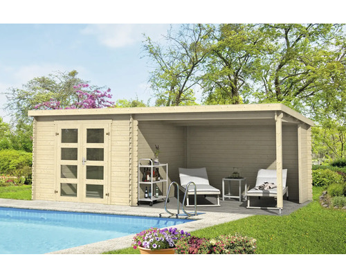 Abri de jardin Outdoor Life Novia Plus avec avancée de toit avec paroi arrière 620 x 308,9 cm nature Abri de jardin avec terrasse et piscine dans le jardin