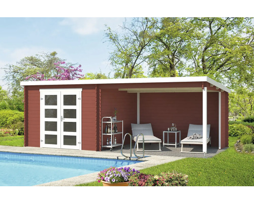 Abri de jardin Outdoor Life Novia Plus avec avancée de toit avec paroi arrière 620 x 308,9 cm rouge de falun Abri de jardin en bois avec terrasse au bord de la piscine