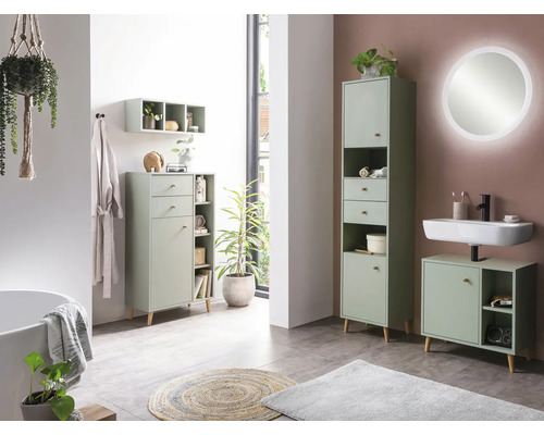 Salle de bain avec lavabo, armoire de toilette, armoire haute et meuble bas pour un aménagement élégant