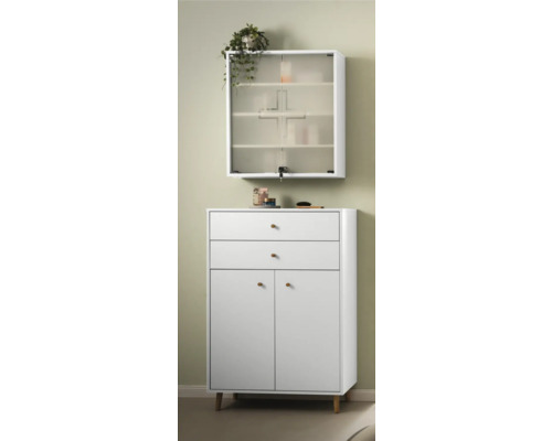 Meuble de salle de bain blanc avec tiroirs, portes et armoire suspendue