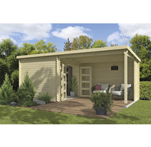 Maison de jardin moderne en bois avec terrasse couverte et mobilier de jardin.