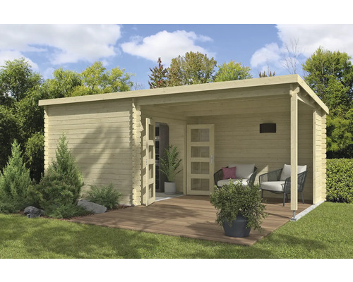 Kit de montage pour déplacer la porte Outdoor Life Novia Plus naturel Maison de jardin moderne en bois avec terrasse couverte et mobilier de jardin.