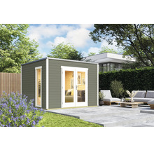 Abri de jardin gris avec porte double et fenêtre sur une terrasse de jardin