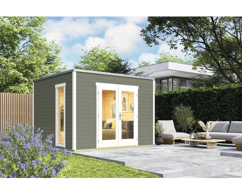 Abri de jardin Outdoor Life Palermo 1 avec plancher 300 x 302,5 cm gris vert Abri de jardin gris avec porte double et fenêtre sur une terrasse de jardin
