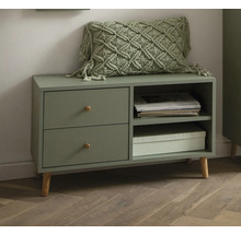 Commode avec deux tiroirs, compartiments de rangement et coussin