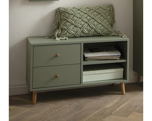 Commode avec deux tiroirs, compartiments de rangement et coussin